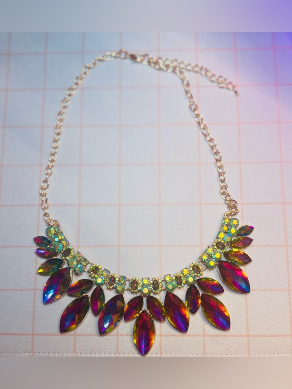 Amazing AB Jewels Watermelon RAINBOW Rhinestone Gold Tone Bib Necklace